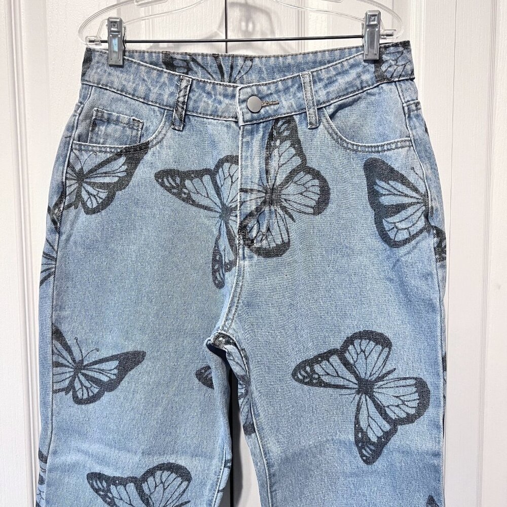 SHEIN Women's Faded Blue & Black Butterflies Jeans-Med P-Trendy-Casual- - Picture 2 of 10